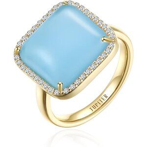 14K Gold/Rhodium Plated Genuine Gemstone Square Ring with Zirconia Ring
